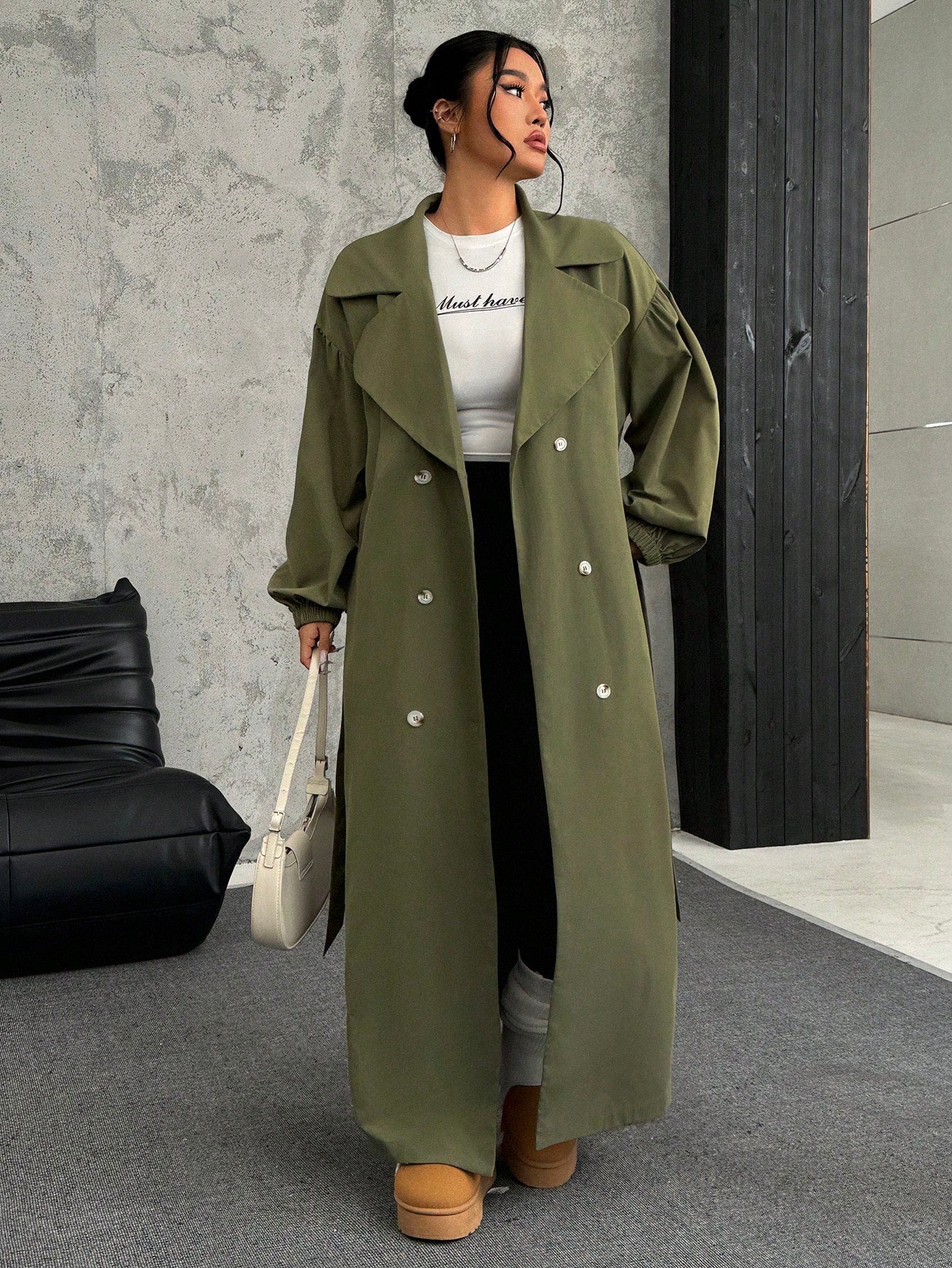 EZwear Plus Size Women Lapel Collar Long Sleeve Olive Green Long Trench Coat For Autumn Winter Fall