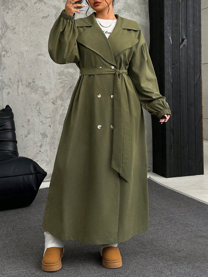 EZwear Plus Size Women Lapel Collar Long Sleeve Olive Green Long Trench Coat For Autumn Winter Fall