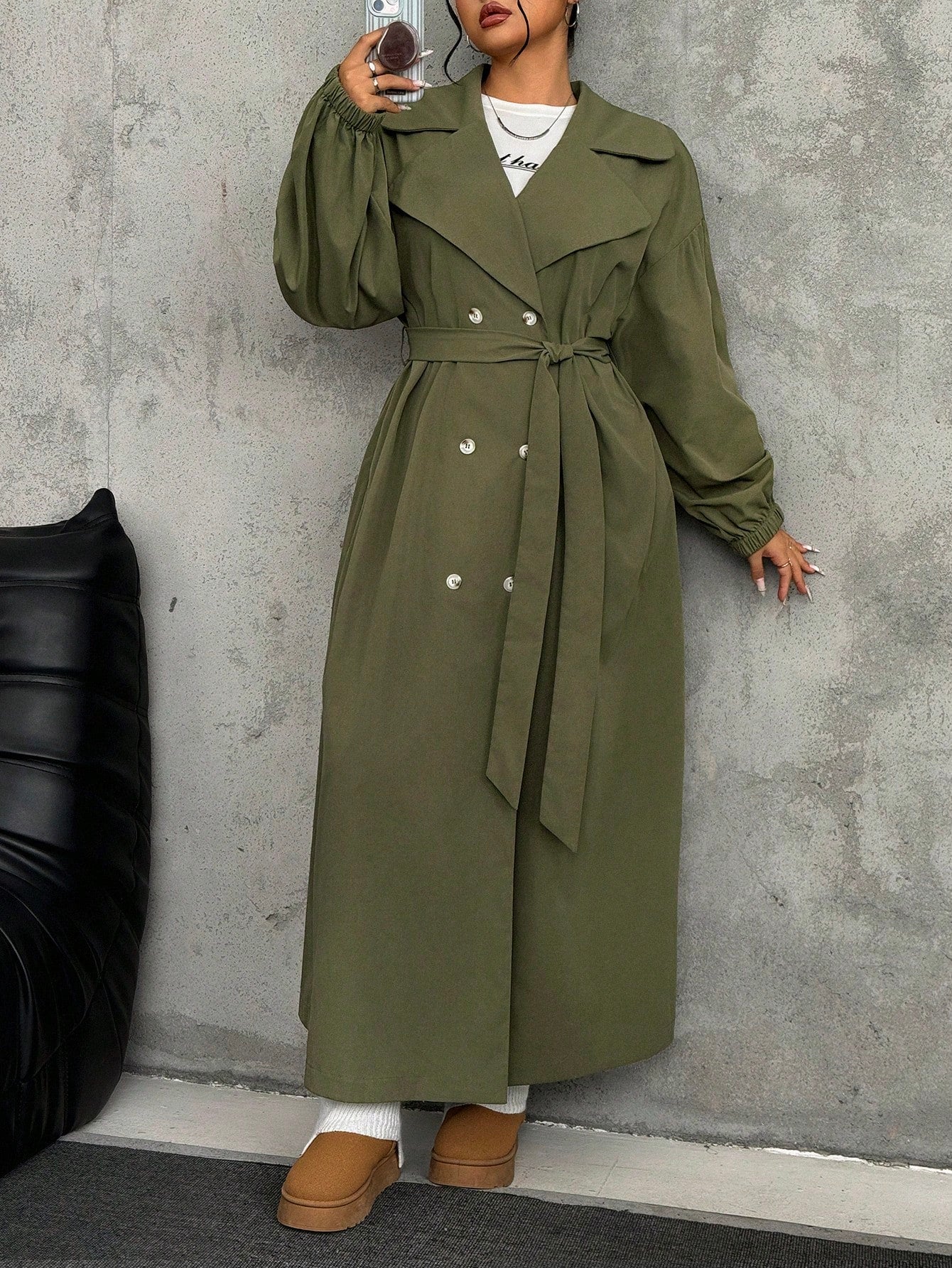 EZwear Plus Size Women Lapel Collar Long Sleeve Olive Green Long Trench Coat For Autumn Winter Fall