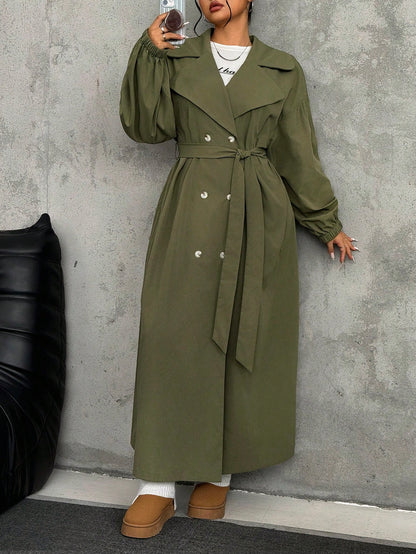 EZwear Plus Size Women Lapel Collar Long Sleeve Olive Green Long Trench Coat For Autumn Winter Fall