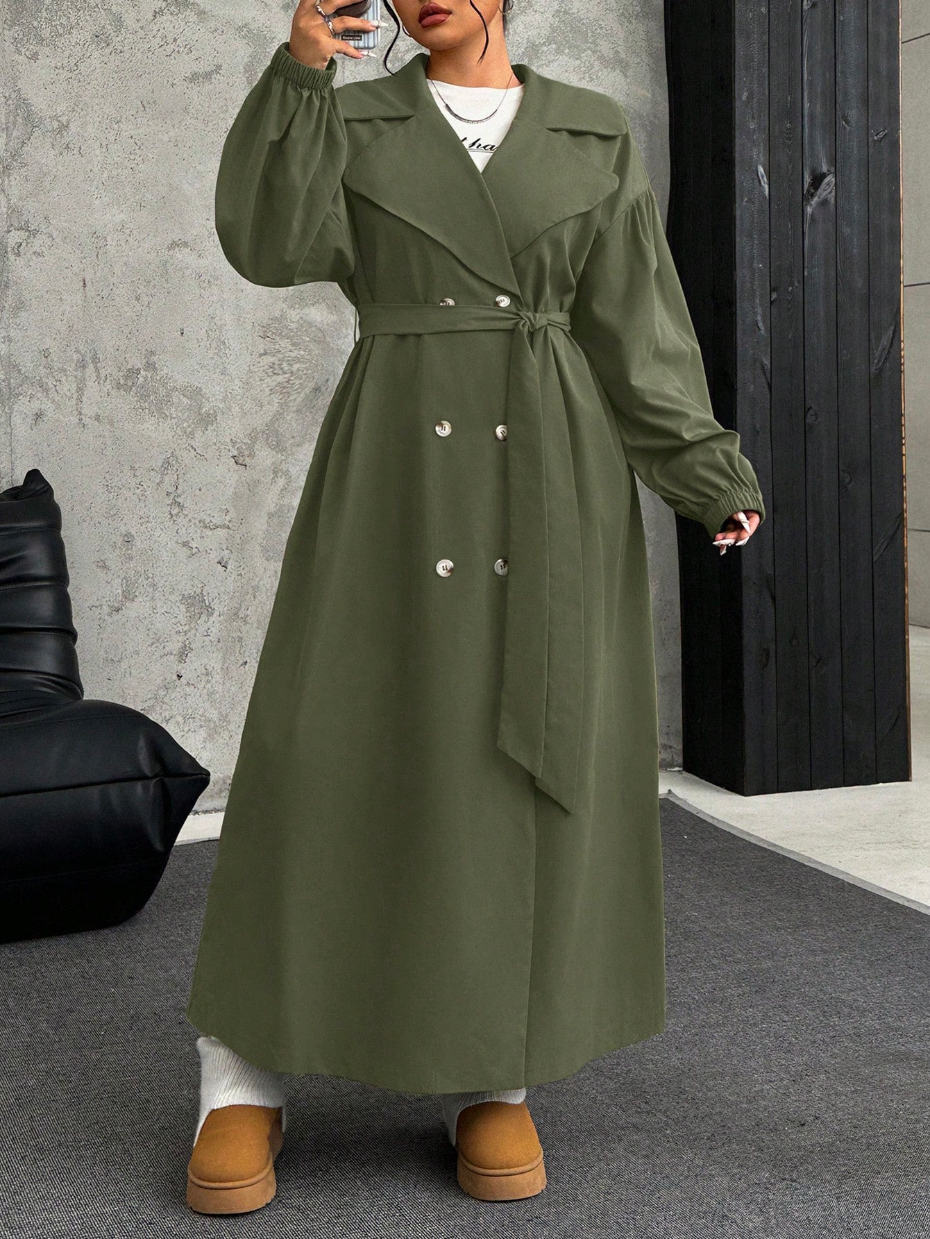 EZwear Plus Size Women Lapel Collar Long Sleeve Olive Green Long Trench Coat For Autumn Winter Fall