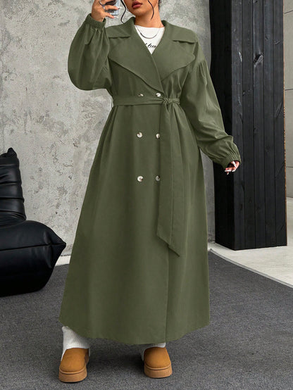 EZwear Plus Size Women Lapel Collar Long Sleeve Olive Green Long Trench Coat For Autumn Winter Fall