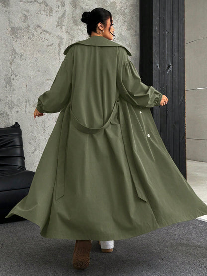 EZwear Plus Size Women Lapel Collar Long Sleeve Olive Green Long Trench Coat For Autumn Winter Fall