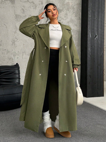 EZwear Plus Size Women Lapel Collar Long Sleeve Olive Green Long Trench Coat For Autumn Winter Fall