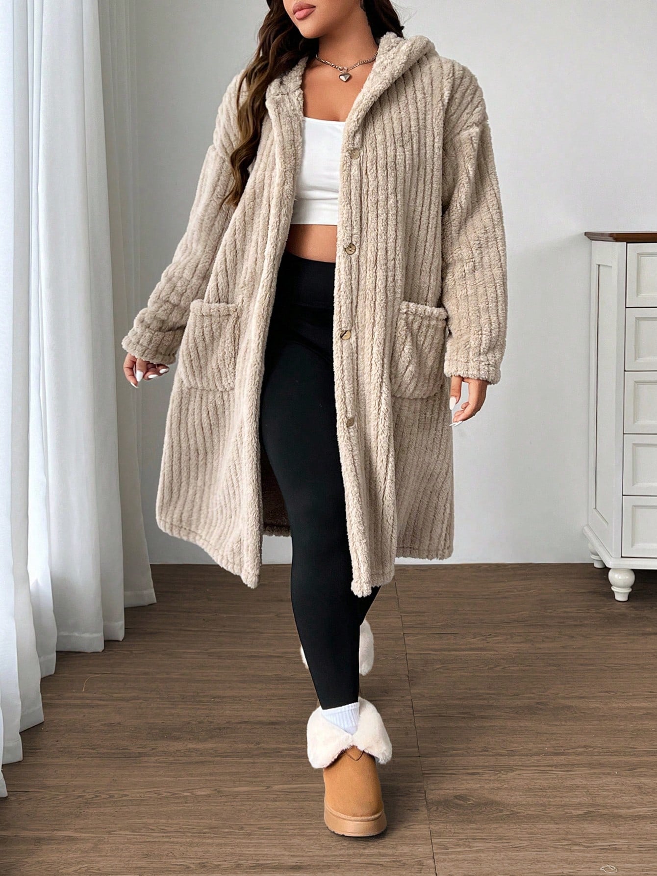 EZwear Plus Size Women Plus Size Hooded Long Sleeve Drawstring Jacket Winter Fall Autumn