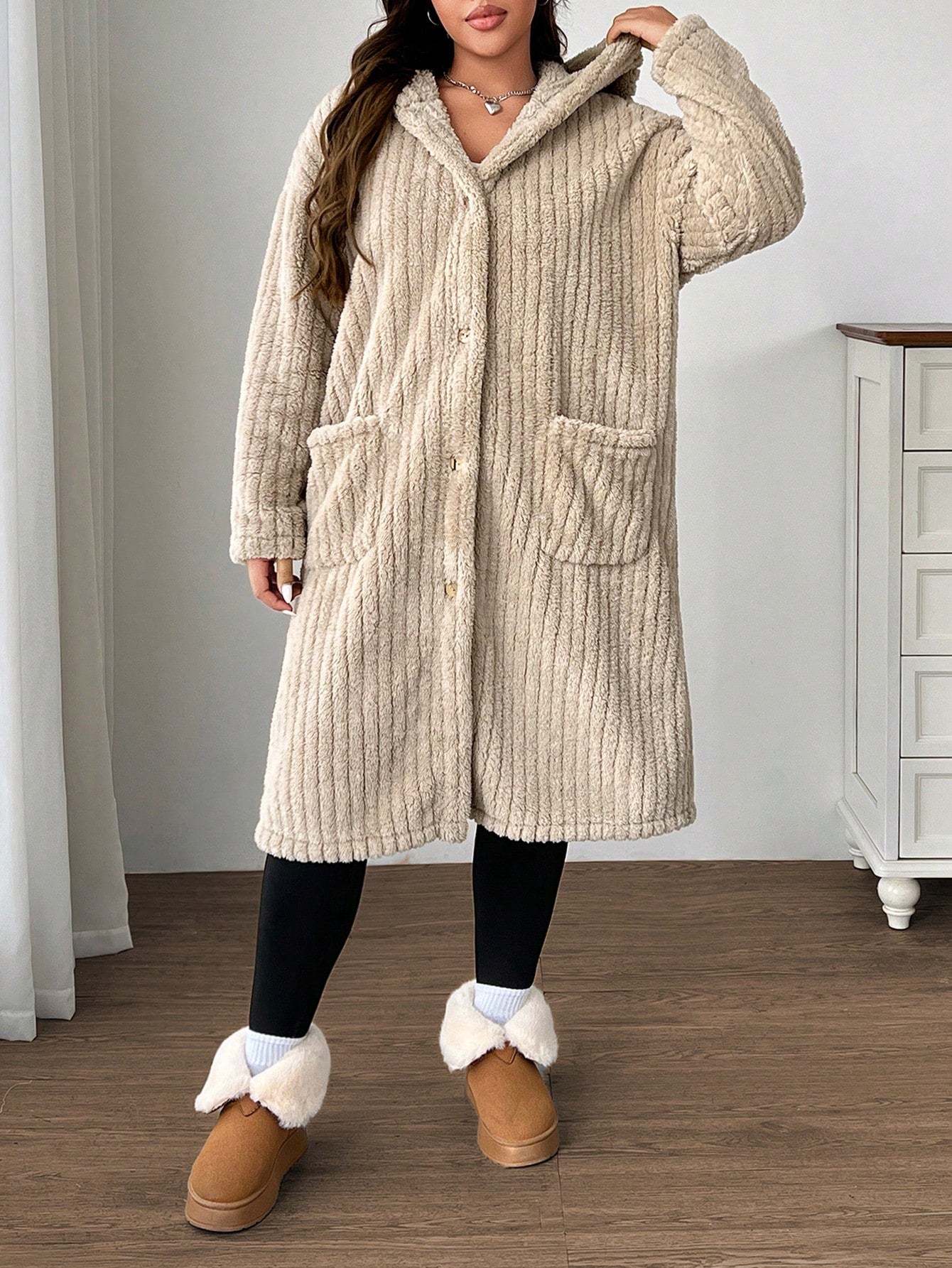 EZwear Plus Size Women Plus Size Hooded Long Sleeve Drawstring Jacket Winter Fall Autumn