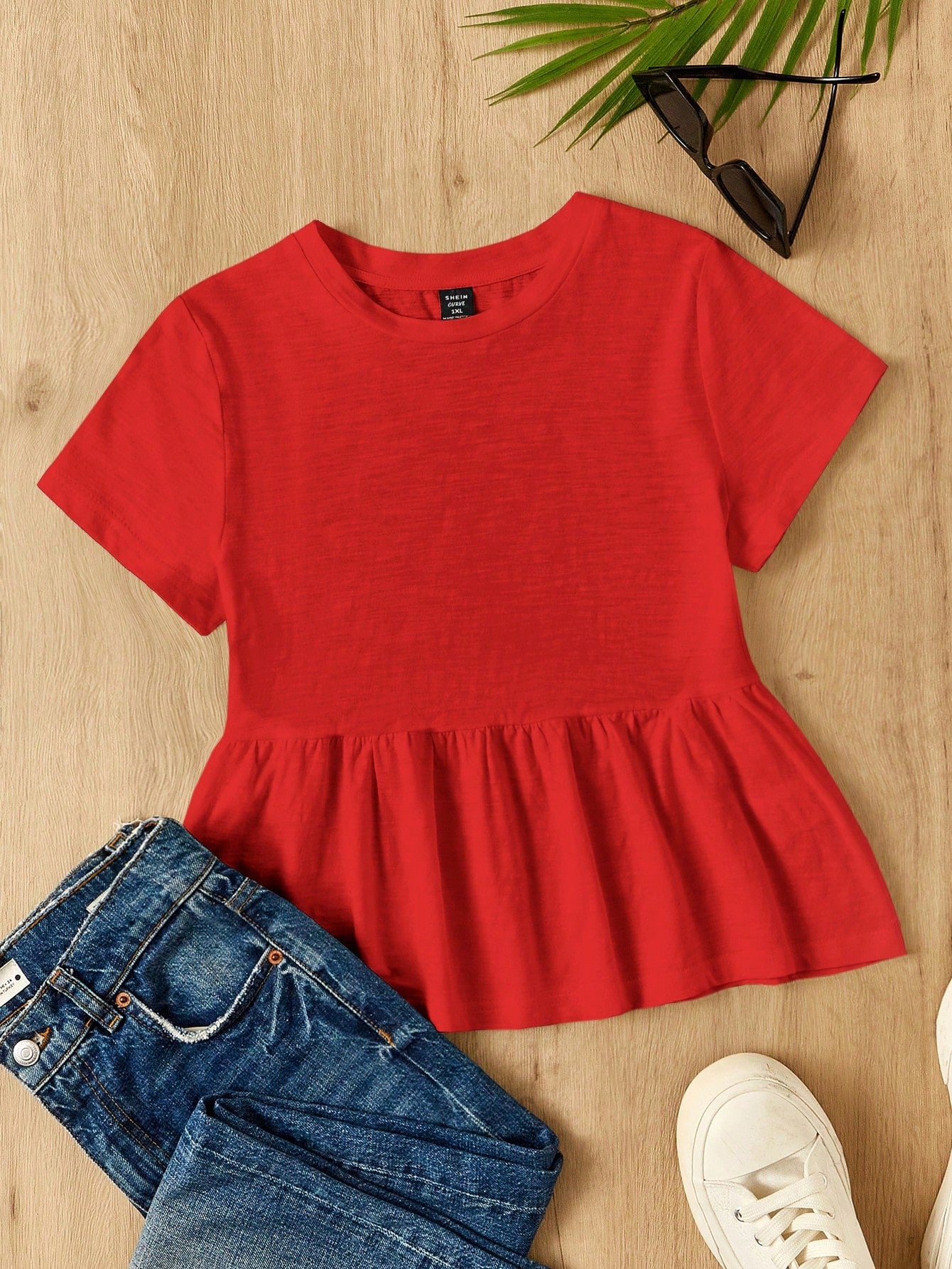 EZwear Plus Size Women Red Round Neck Cotton Patchwork A-Line Dolly T-Shirt,Peplum Top