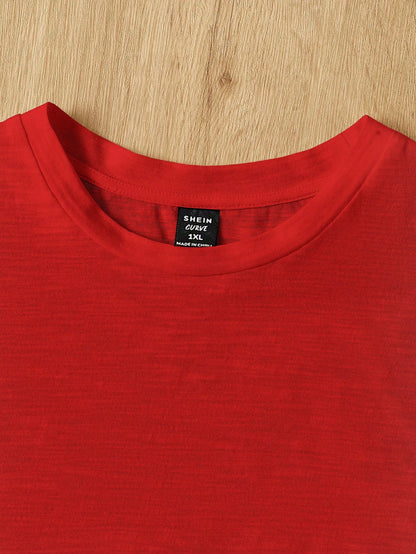 EZwear Plus Size Women Red Round Neck Cotton Patchwork A-Line Dolly T-Shirt,Peplum Top
