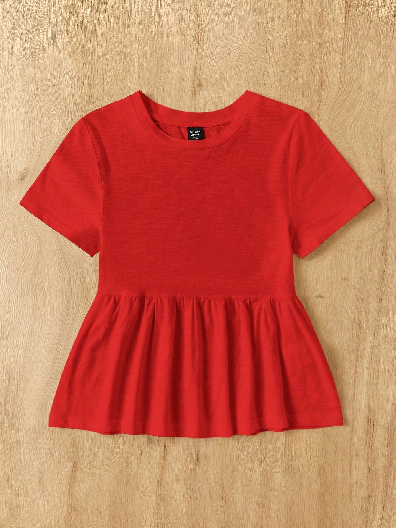 EZwear Plus Size Women Red Round Neck Cotton Patchwork A-Line Dolly T-Shirt,Peplum Top