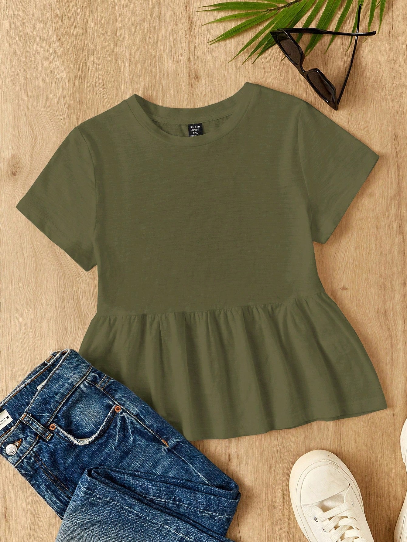 EZwear Plus Size Women Red Round Neck Cotton Patchwork A-Line Dolly T-Shirt,Peplum Top