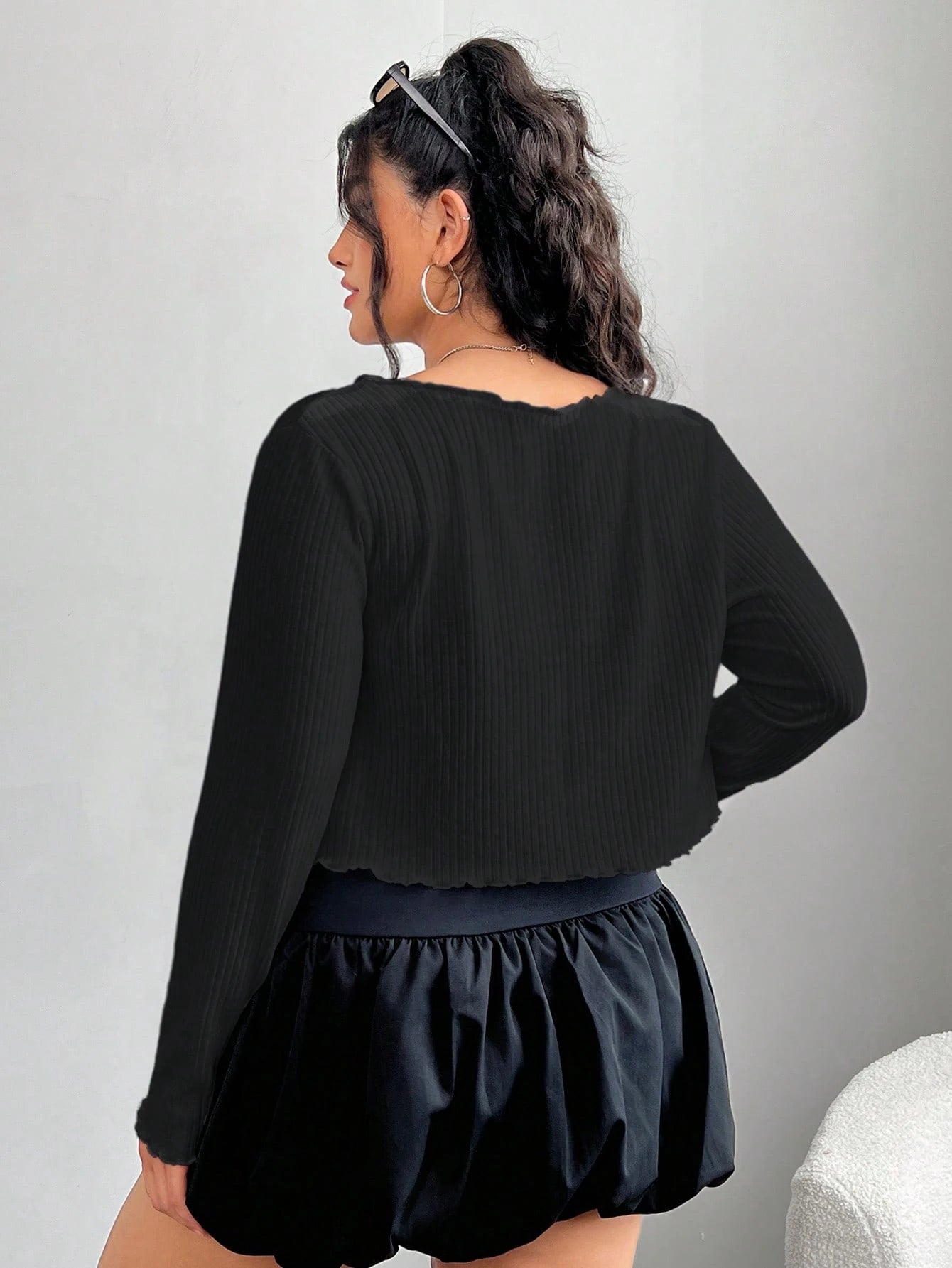 EZwear Plus Size Women's Black Long Sleeve Single-Breasted Casual T-Shirt Fall