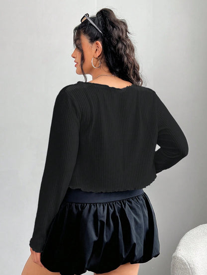 EZwear Plus Size Women's Black Long Sleeve Single-Breasted Casual T-Shirt Fall