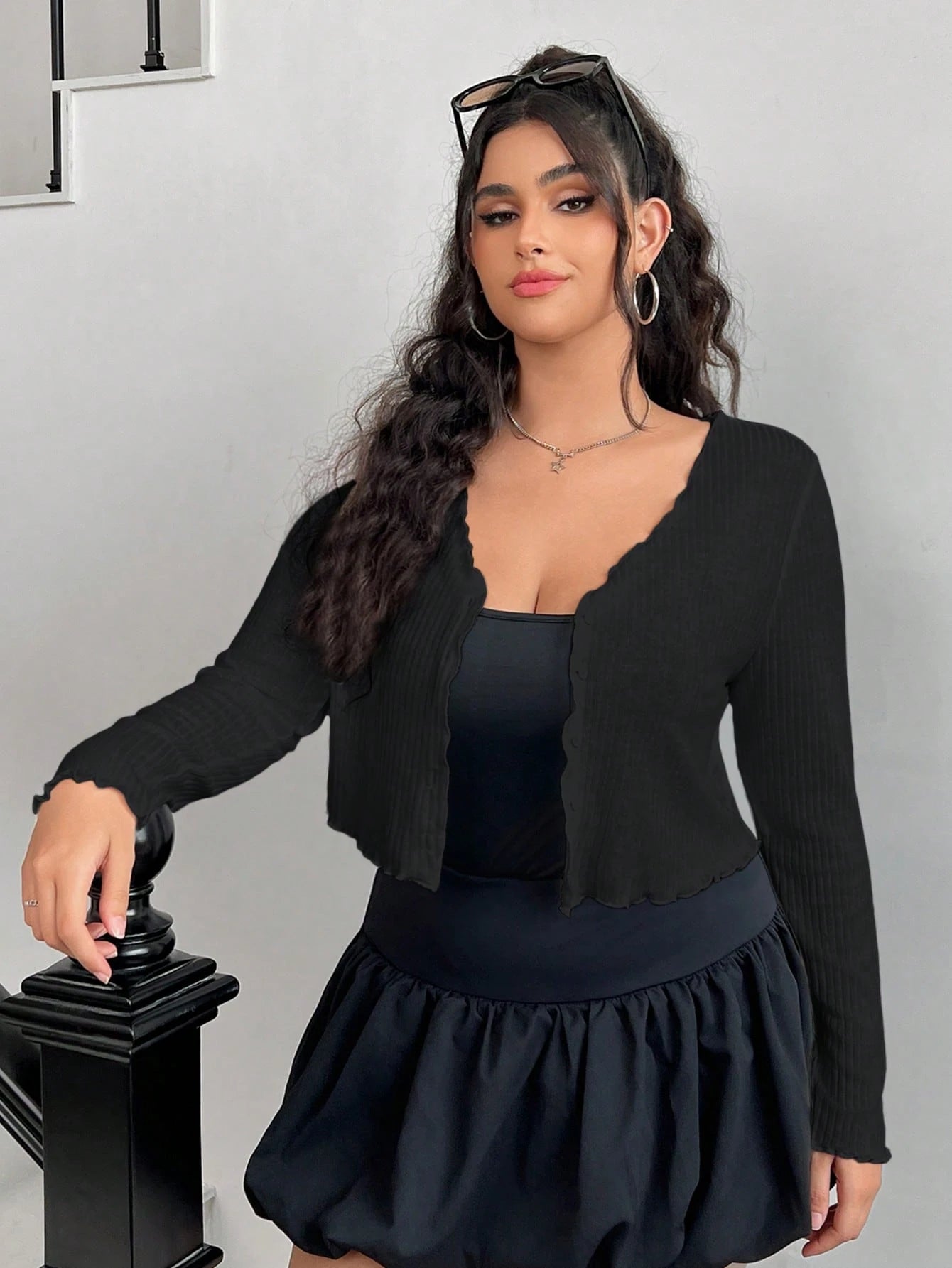 EZwear Plus Size Women's Black Long Sleeve Single-Breasted Casual T-Shirt Fall