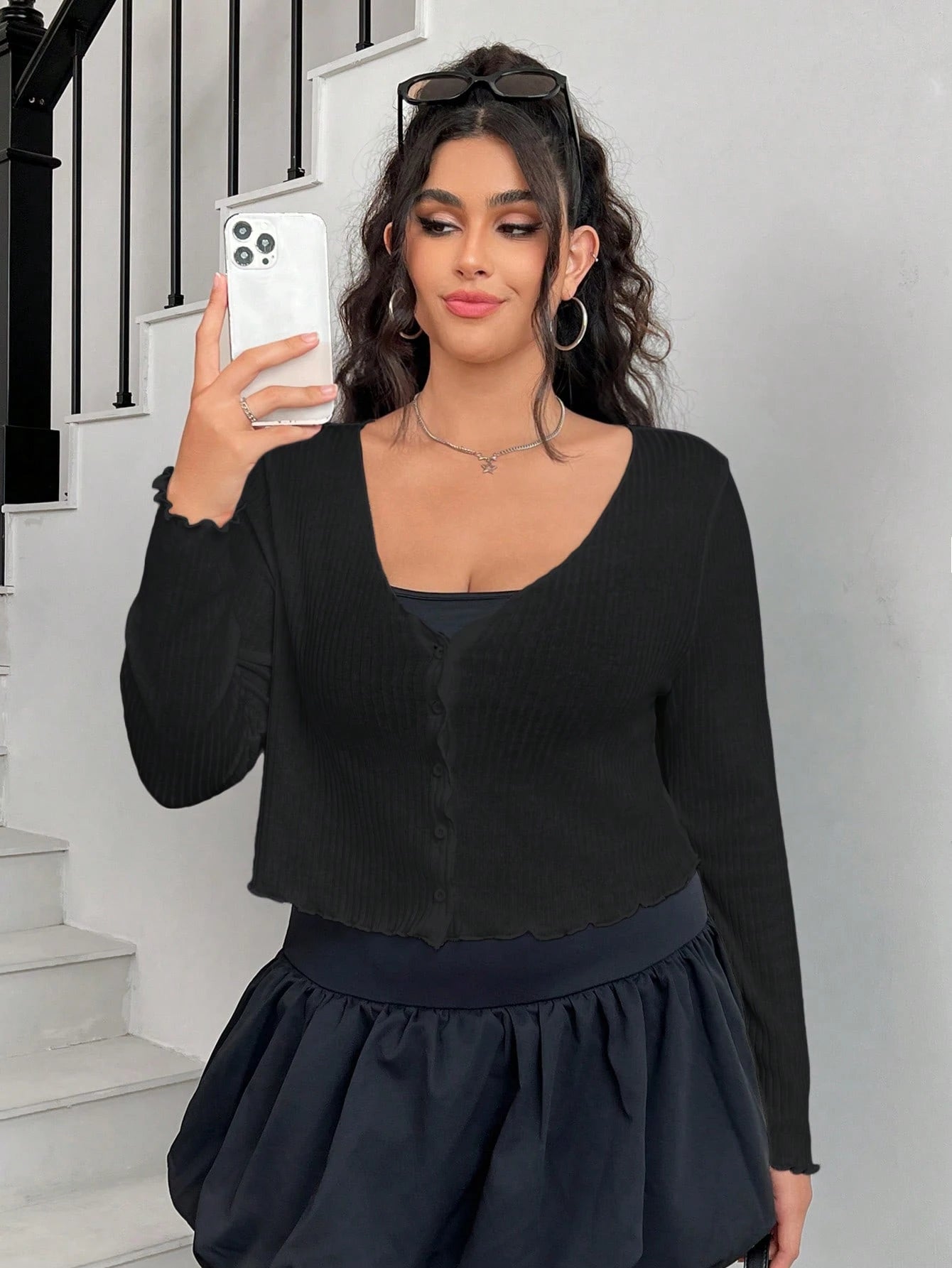 EZwear Plus Size Women's Black Long Sleeve Single-Breasted Casual T-Shirt Fall