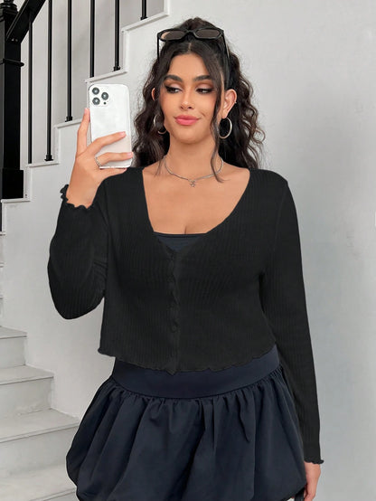 EZwear Plus Size Women's Black Long Sleeve Single-Breasted Casual T-Shirt Fall