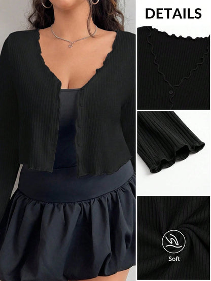 EZwear Plus Size Women's Black Long Sleeve Single-Breasted Casual T-Shirt Fall
