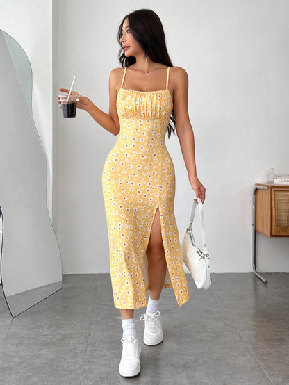 EZwear Printed Knit Spaghetti Strap Slit Hem Vacation Dress For Women,Summer Dresses For Women,Pastel Dresses For Women