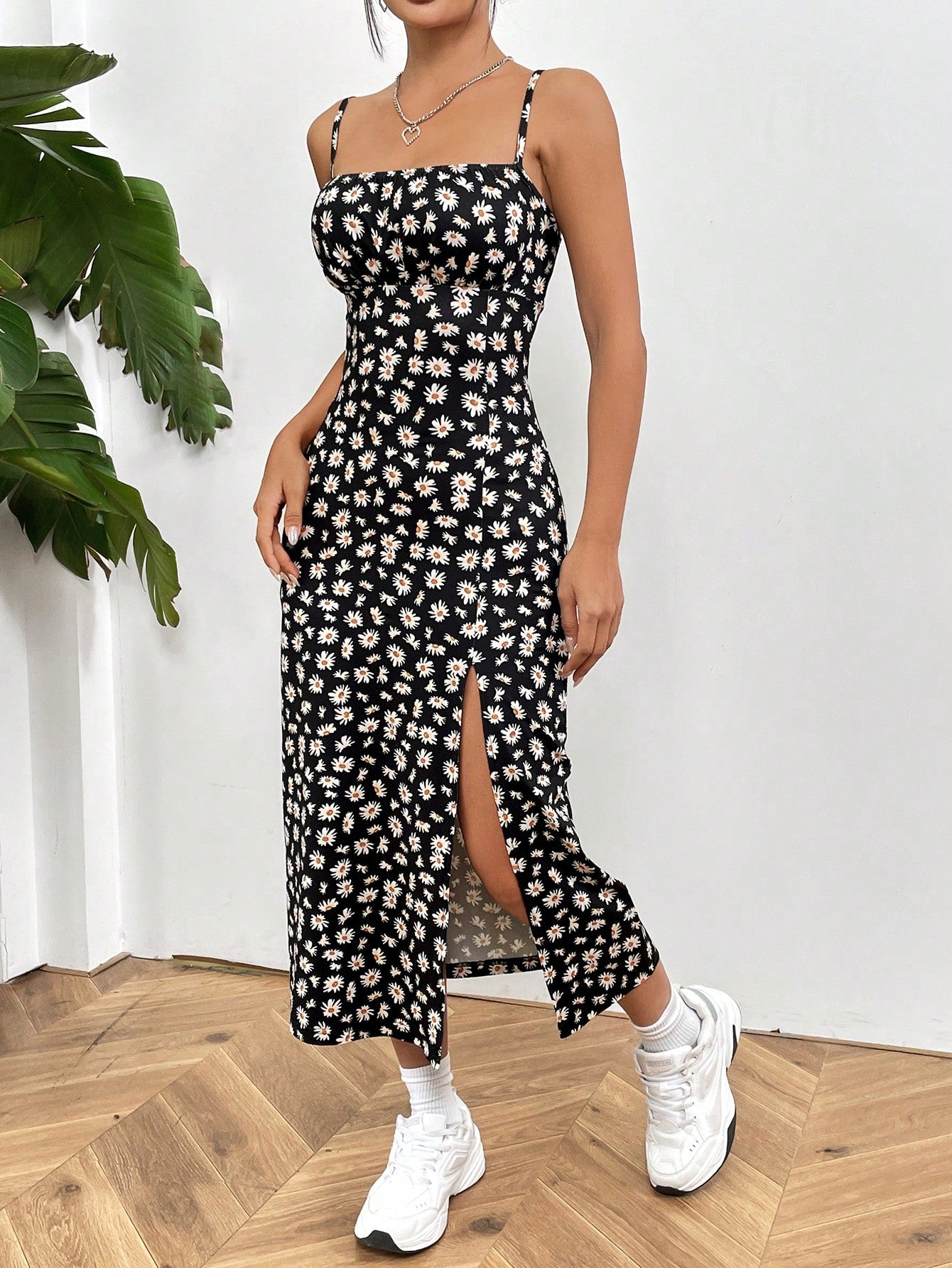 EZwear Printed Knit Spaghetti Strap Slit Hem Vacation Dress For Women,Summer Dresses For Women,Pastel Dresses For Women