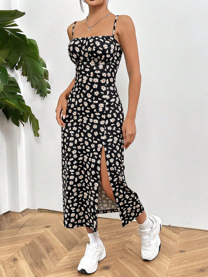 EZwear Printed Knit Spaghetti Strap Slit Hem Vacation Dress For Women,Summer Dresses For Women,Pastel Dresses For Women