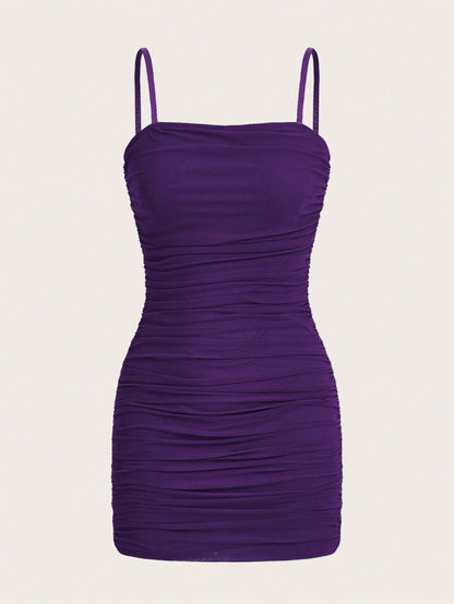 EZwear Solid Color Pleated Mesh Bodycon Strappy Dress For Summer