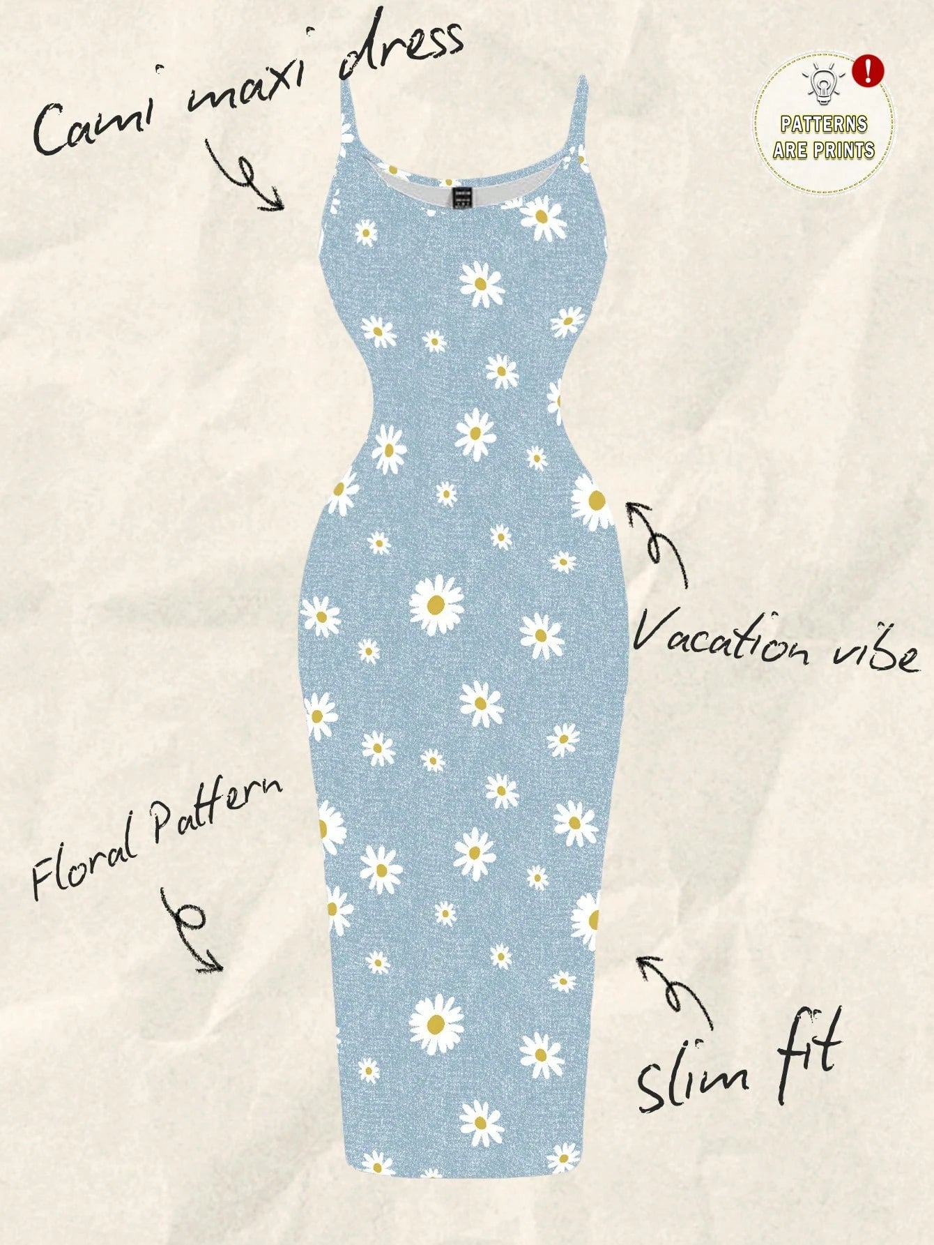 EZwear Women Light Blue Floral White Daisy Allover Print Tight Fitted Slip Cami Maxi Dress,Summer Boho Holiday Vacation Chic Sundress For