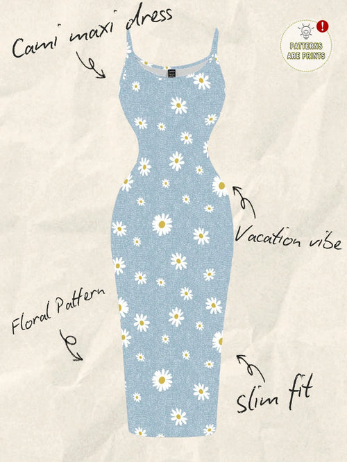EZwear Women Light Blue Floral White Daisy Allover Print Tight Fitted Slip Cami Maxi Dress,Summer Boho Holiday Vacation Chic Sundress For