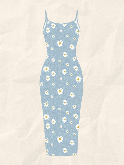 EZwear Women Light Blue Floral White Daisy Allover Print Tight Fitted Slip Cami Maxi Dress,Summer Boho Holiday Vacation Chic Sundress For