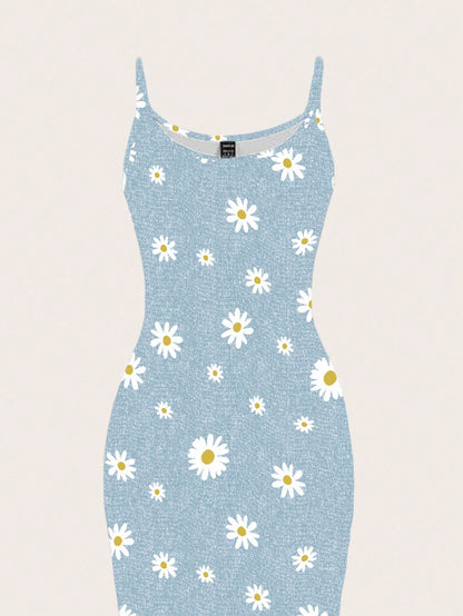 EZwear Women Light Blue Floral White Daisy Allover Print Tight Fitted Slip Cami Maxi Dress,Summer Boho Holiday Vacation Chic Sundress For