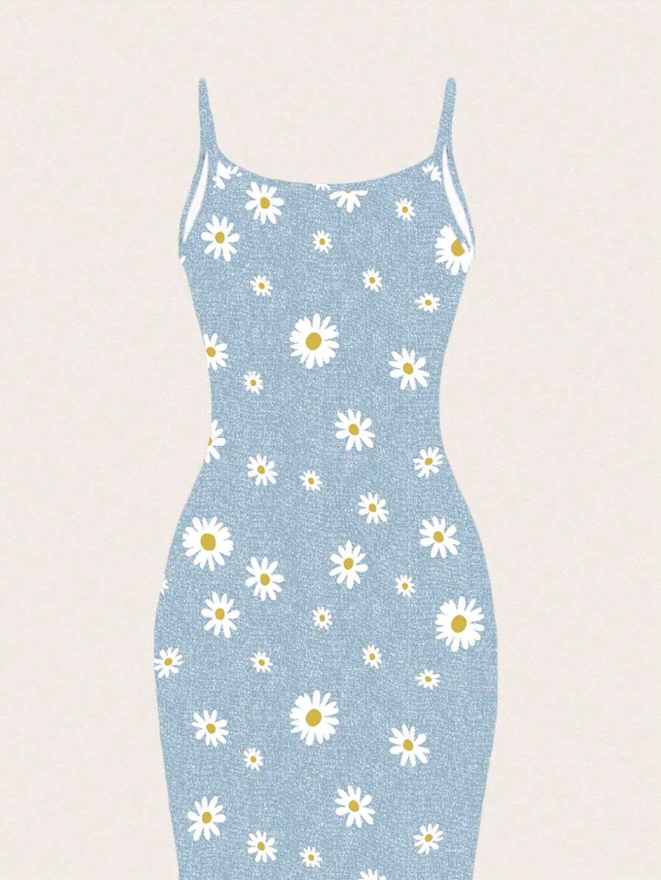 EZwear Women Light Blue Floral White Daisy Allover Print Tight Fitted Slip Cami Maxi Dress,Summer Boho Holiday Vacation Chic Sundress For