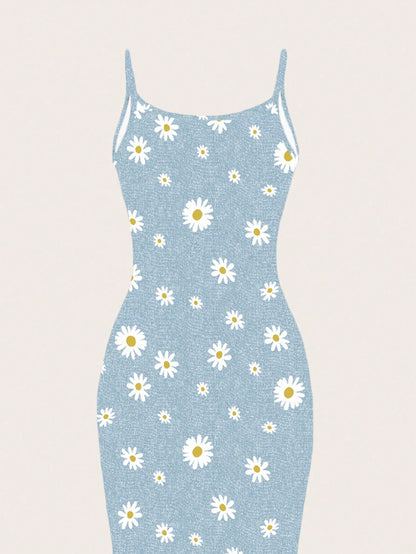 EZwear Women Light Blue Floral White Daisy Allover Print Tight Fitted Slip Cami Maxi Dress,Summer Boho Holiday Vacation Chic Sundress For