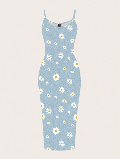 EZwear Women Light Blue Floral White Daisy Allover Print Tight Fitted Slip Cami Maxi Dress,Summer Boho Holiday Vacation Chic Sundress For
