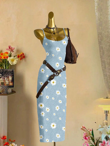 EZwear Women Light Blue Floral White Daisy Allover Print Tight Fitted Slip Cami Maxi Dress,Summer Boho Holiday Vacation Chic Sundress For