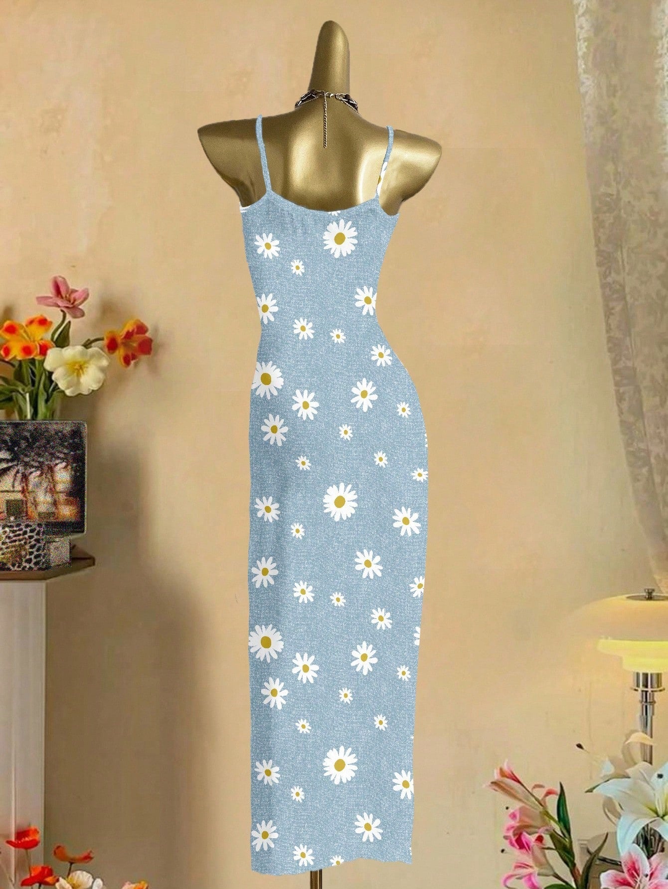 EZwear Women Light Blue Floral White Daisy Allover Print Tight Fitted Slip Cami Maxi Dress,Summer Boho Holiday Vacation Chic Sundress For