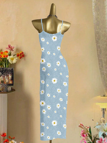 EZwear Women Light Blue Floral White Daisy Allover Print Tight Fitted Slip Cami Maxi Dress,Summer Boho Holiday Vacation Chic Sundress For
