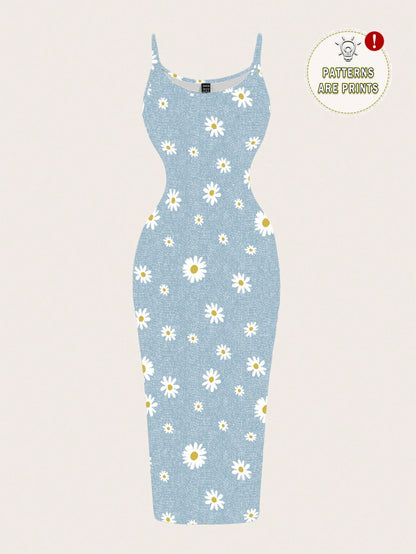 EZwear Women Light Blue Floral White Daisy Allover Print Tight Fitted Slip Cami Maxi Dress,Summer Boho Holiday Vacation Chic Sundress For