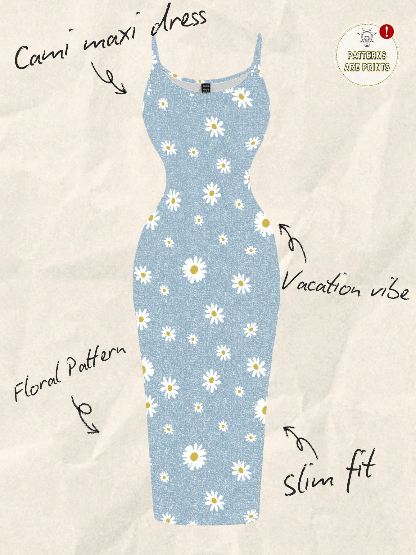EZwear Women Light Blue Floral White Daisy Allover Print Tight Fitted Slip Cami Maxi Dress,Summer Boho Holiday Vacation Chic Sundress For