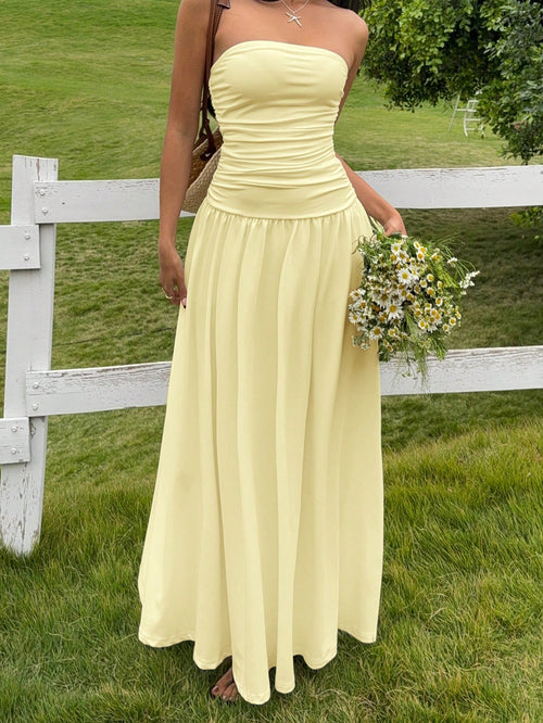 EZwear Women's Casual Long Dress In Beige Color, Summer,Butter Yellow Dress