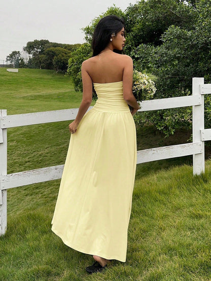 EZwear Women's Casual Long Dress In Beige Color, Summer,Butter Yellow Dress