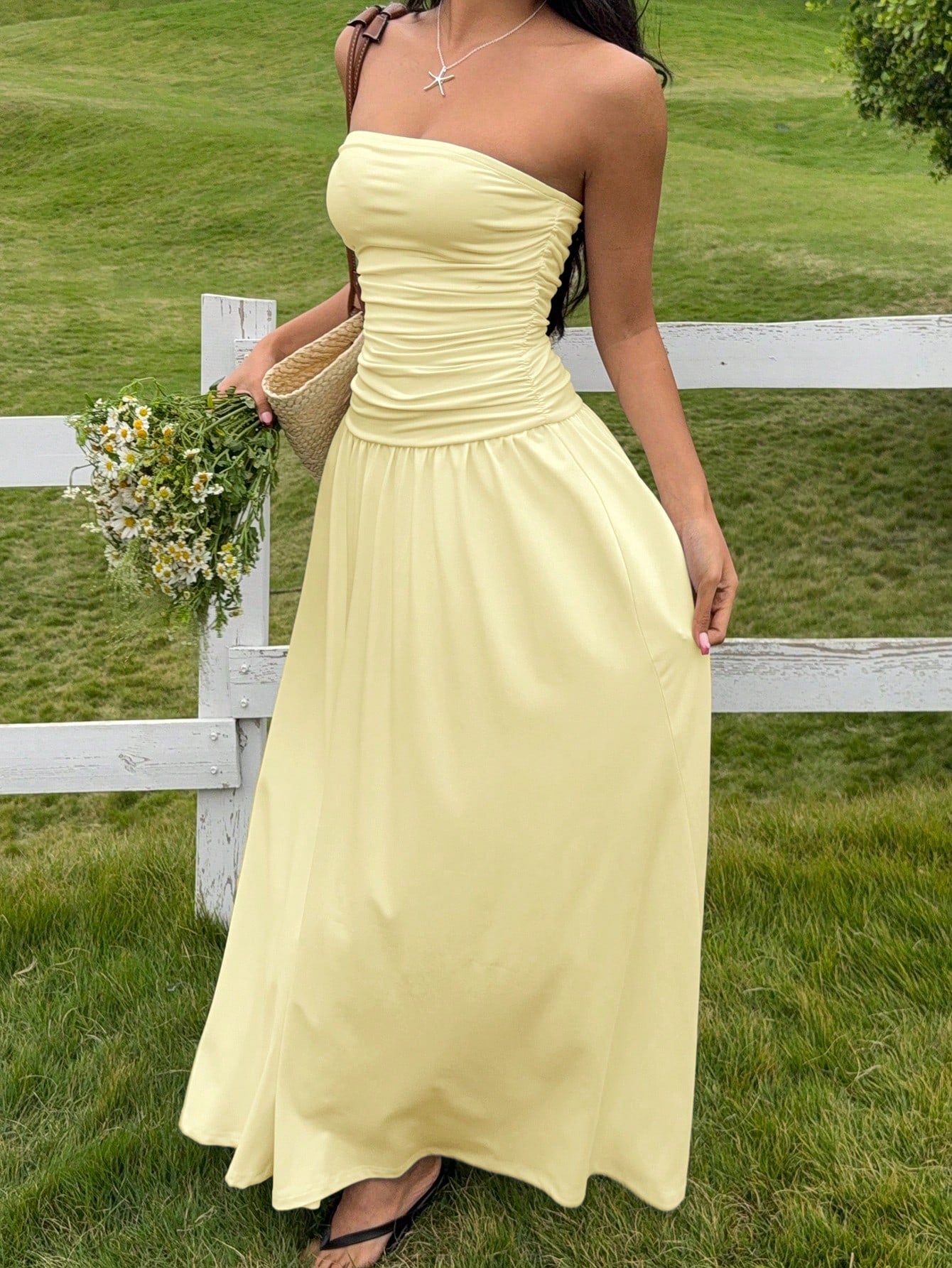 EZwear Women's Casual Long Dress In Beige Color, Summer,Butter Yellow Dress