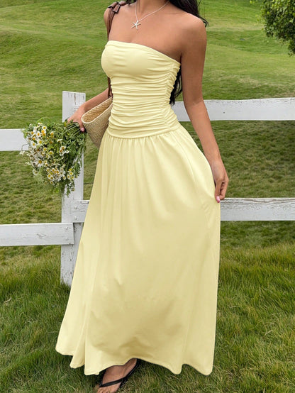 EZwear Women's Casual Long Dress In Beige Color, Summer,Butter Yellow Dress