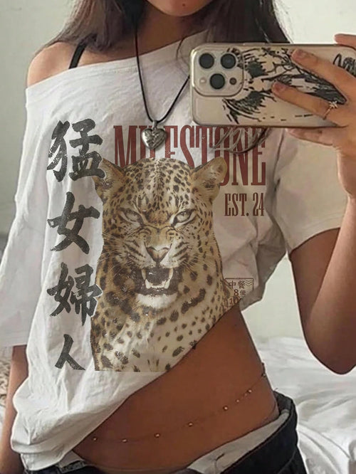 EZwear Women's Casual Minimalist Print Off-Shoulder Loose Short Sleeve T-Shirt Plus Size T-Shirt