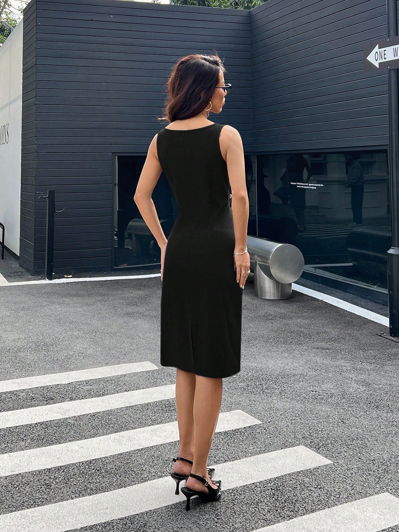 EZwear Women's Crew Neck Sleeveless Simple Fitted Casual Elegant Dress Teachers' Day Office Dark Grey Summer