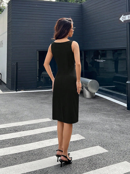 EZwear Women's Crew Neck Sleeveless Simple Fitted Casual Elegant Dress Teachers' Day Office Dark Grey Summer