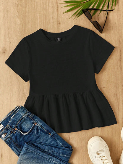 EZwear Women's Plus Size Round Neck Pure Cotton Doll Dress T-Shirt With A-Line Hem And Color Block Design