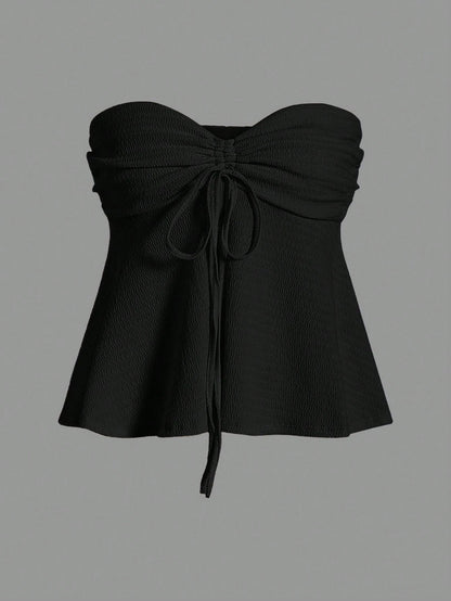 EZwear Women's Plus Size Solid Color Strapless Top With Drawstring Bow Tie Front