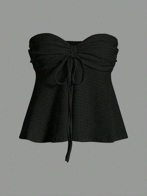 EZwear Women's Plus Size Solid Color Strapless Top With Drawstring Bow Tie Front