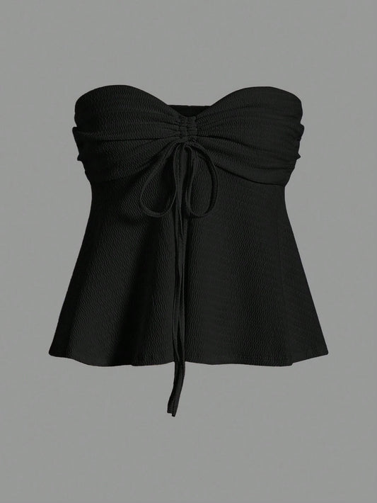 EZwear Women's Plus Size Solid Color Strapless Top With Drawstring Bow Tie Front