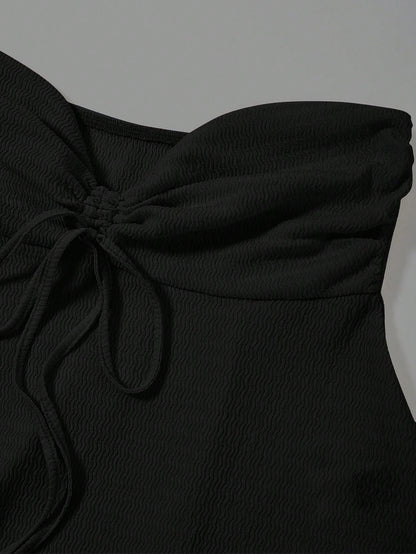 EZwear Women's Plus Size Solid Color Strapless Top With Drawstring Bow Tie Front