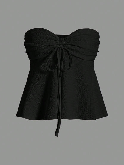 EZwear Women's Plus Size Solid Color Strapless Top With Drawstring Bow Tie Front