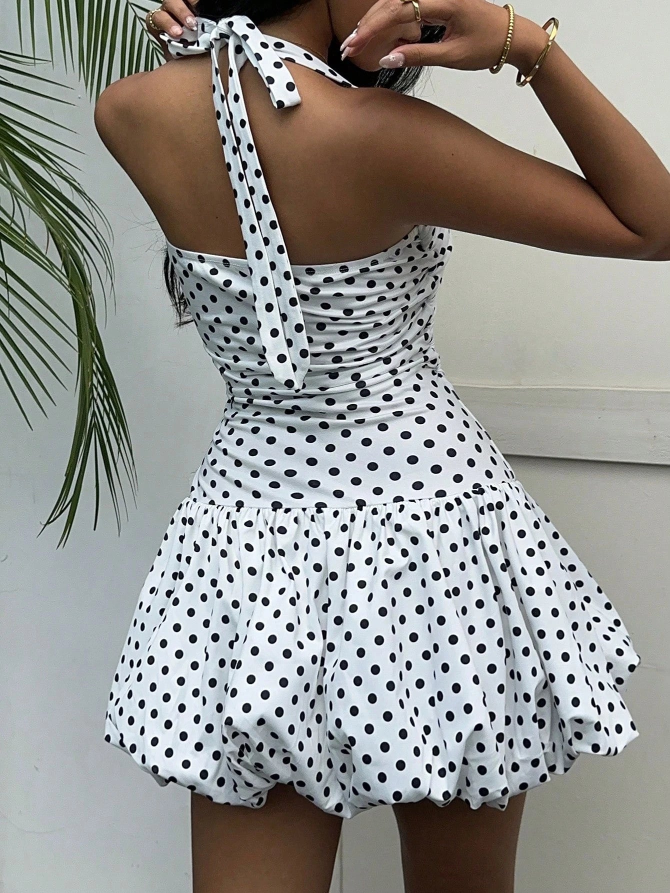 EZwear Women's Polka Dot Print Ruched Halter Backless Sleeveless Mini Dress Vintage